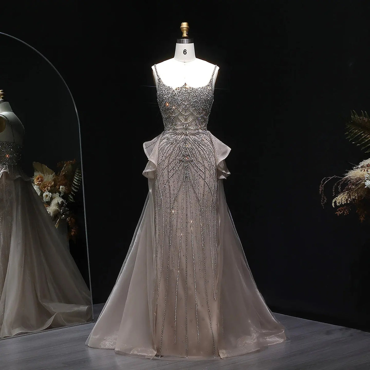 Luxury Champagne Mermaid Evening Dress with Overskirt SS026 Luxury Champagne Mermaid Evening Dress with Overskirt SS026