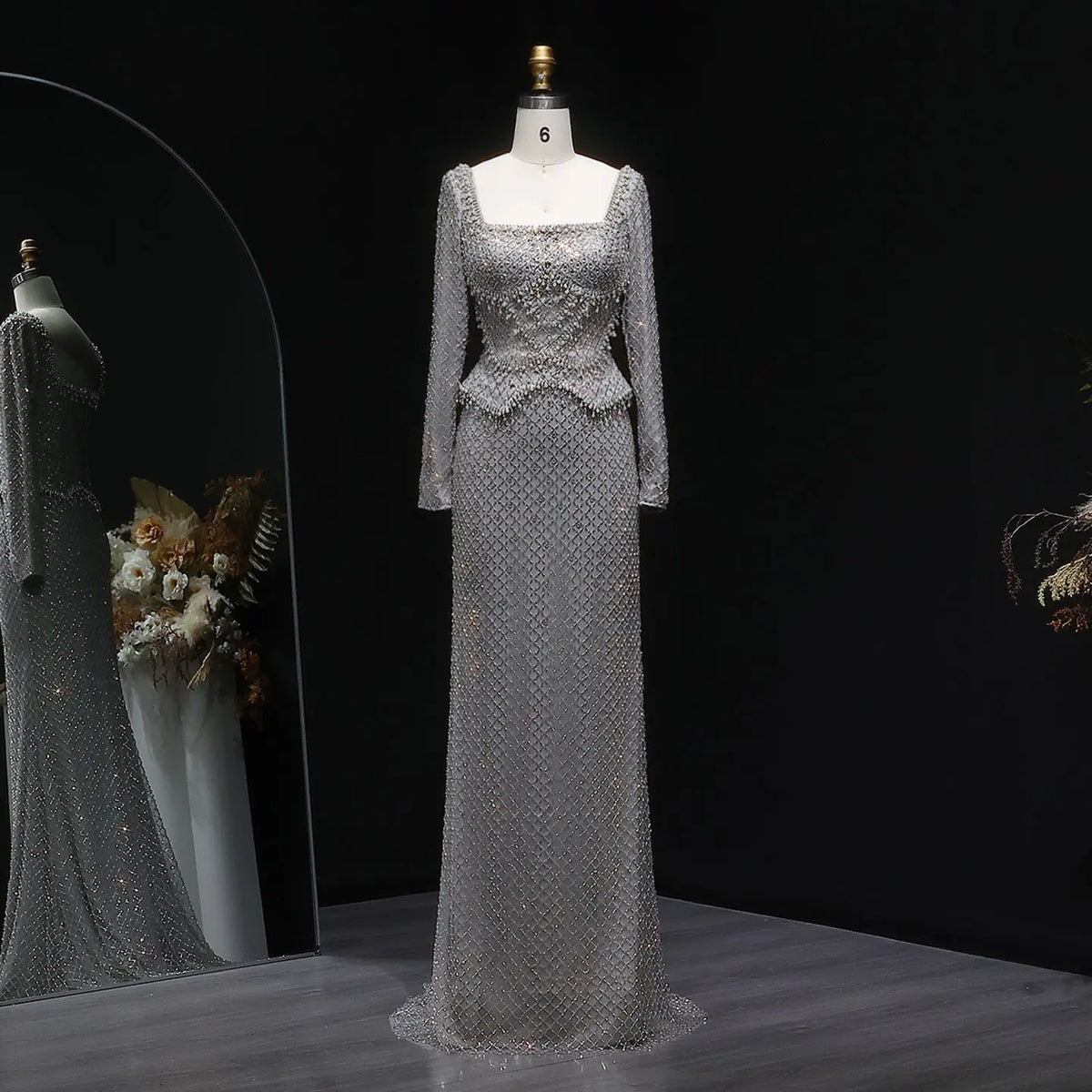 Luxury Dubai Gray Crystal Evening Dress with Long Sleeves SS633 