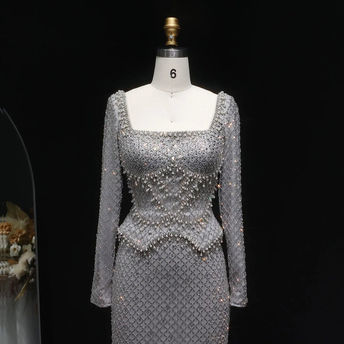 Luxury Dubai Gray Crystal Evening Dress with Long Sleeves SS633 