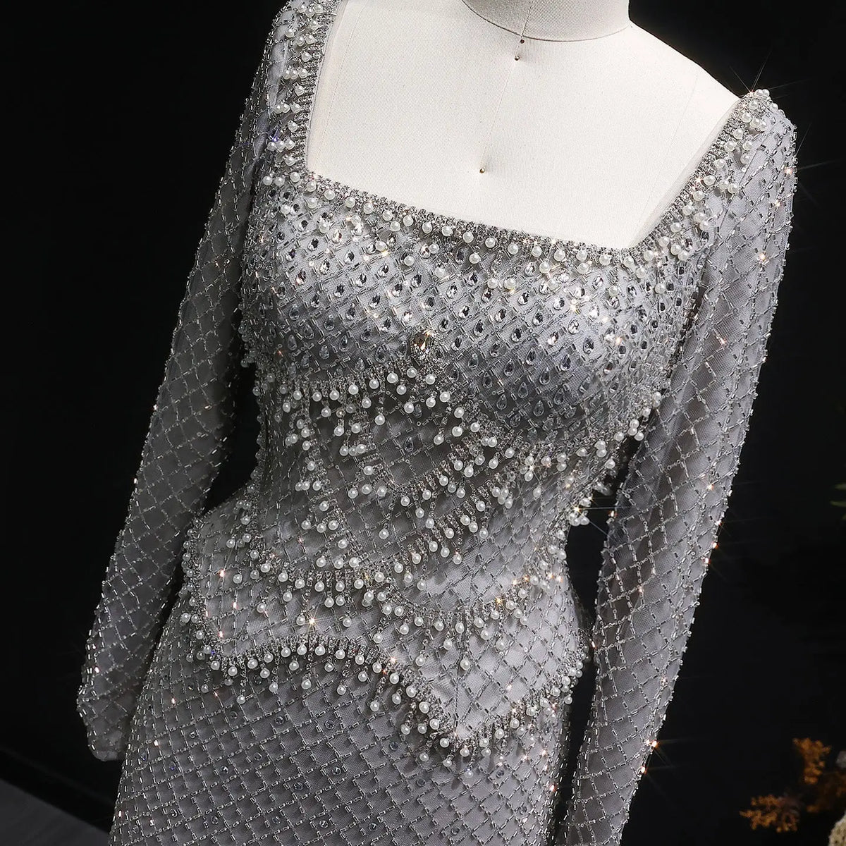 Luxury Dubai Gray Crystal Evening Dress with Long Sleeves SS633 