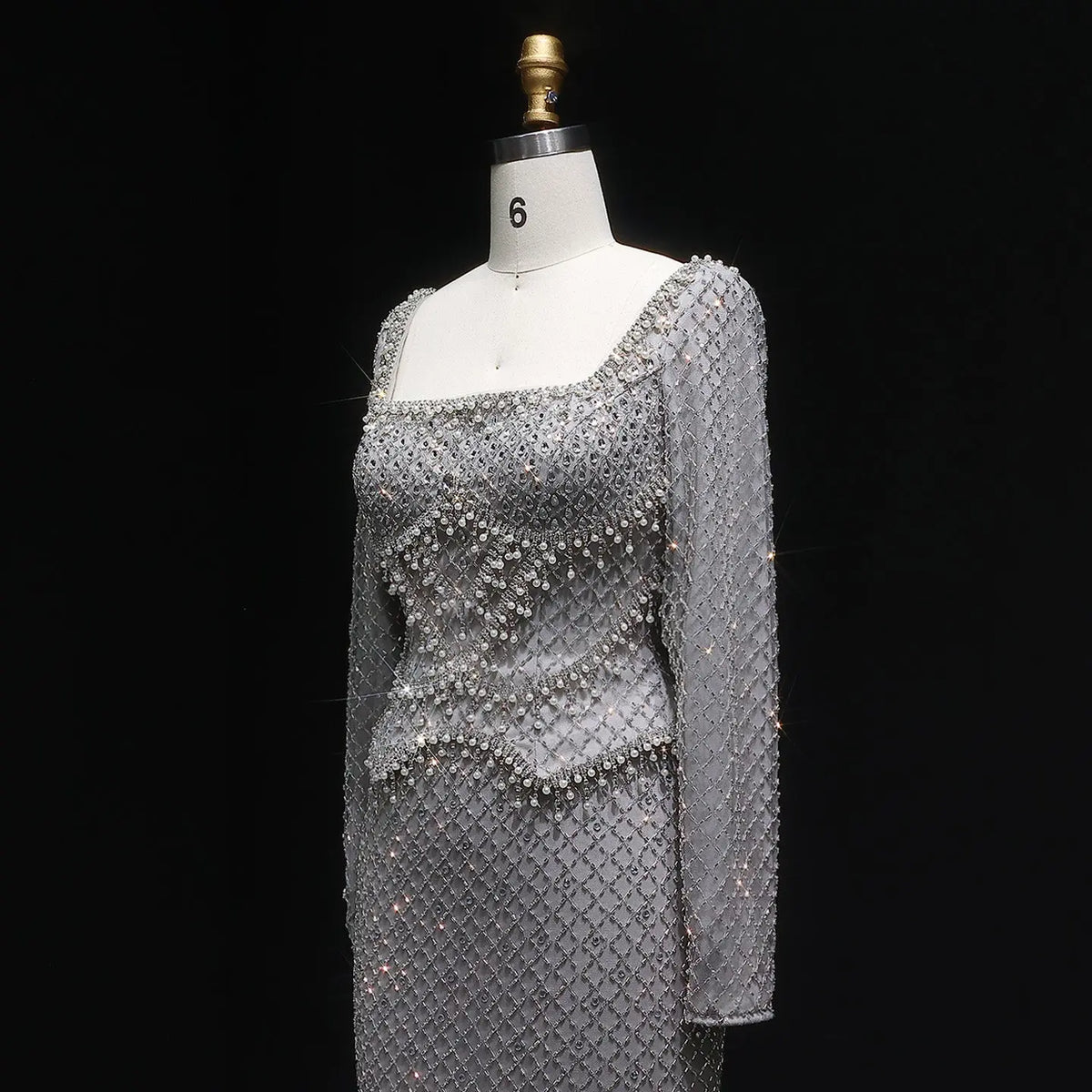Luxury Dubai Gray Crystal Evening Dress with Long Sleeves SS633 