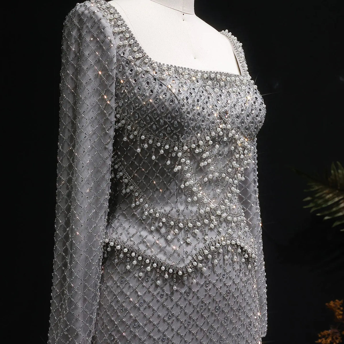 Luxury Dubai Gray Crystal Evening Dress with Long Sleeves SS633 