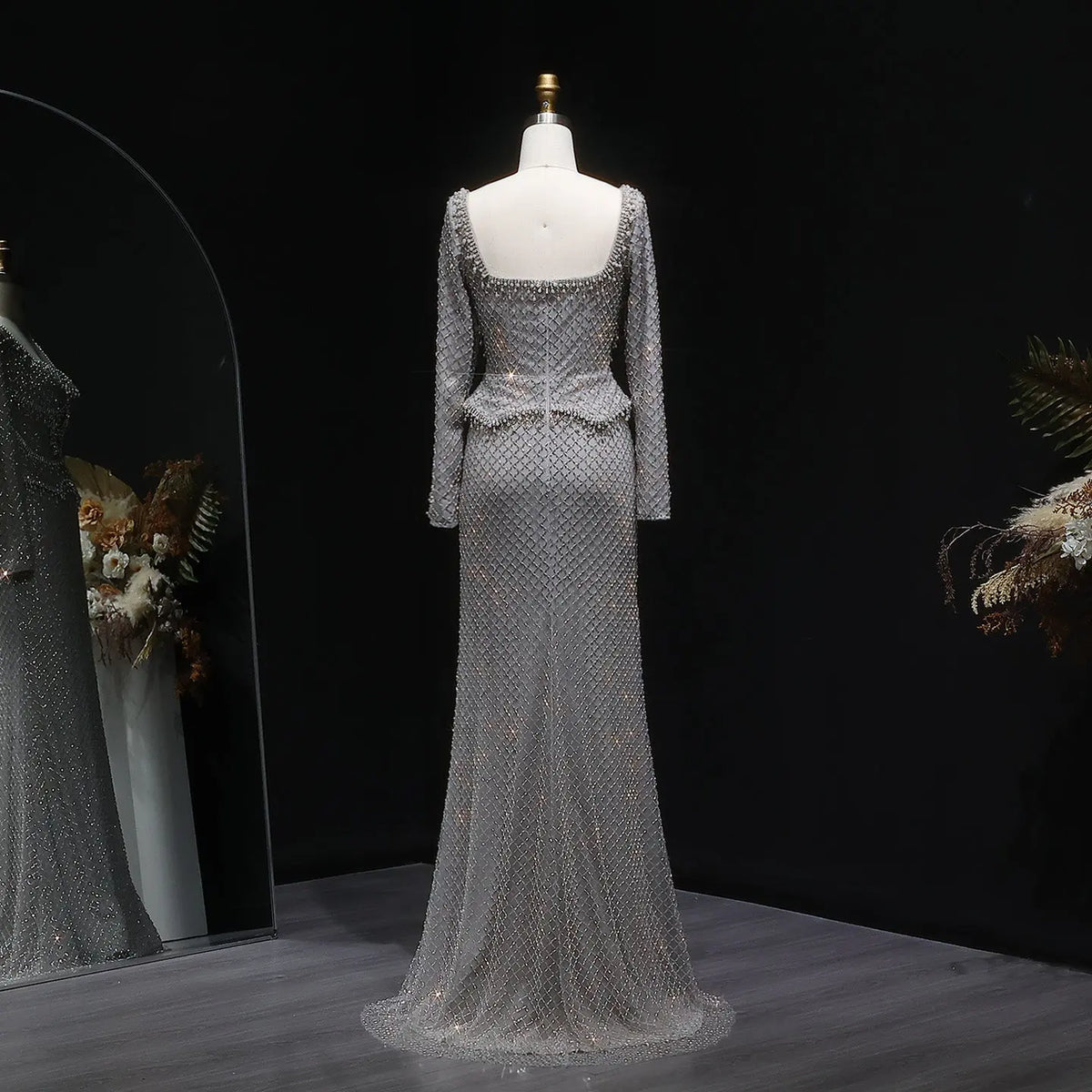 Luxury Dubai Gray Crystal Evening Dress with Long Sleeves SS633 