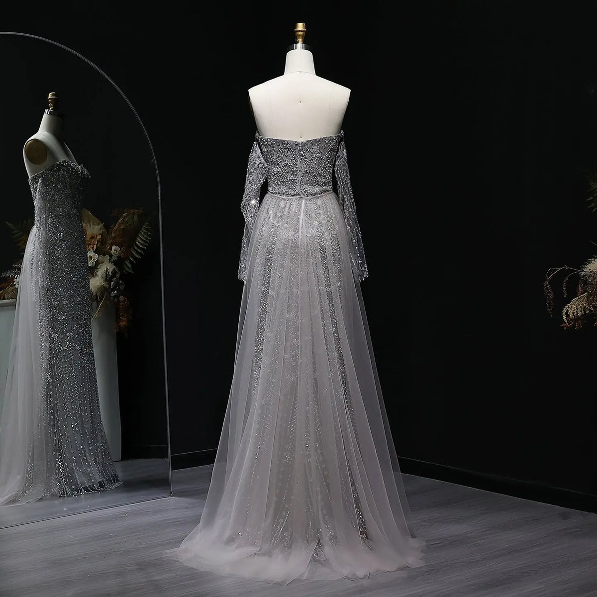 Luxury Gray Beaded Crystal Evening Dress with Cape SS557 Luxury Gray Beaded Crystal Evening Dress with Cape SS557