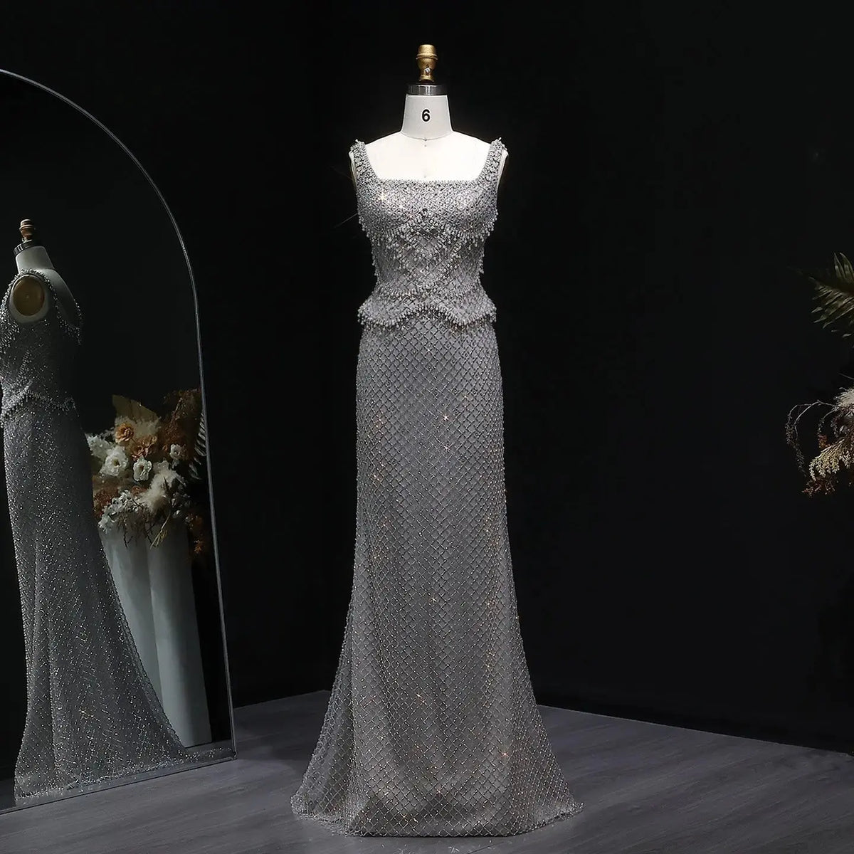 Luxury Gray Beaded Crystal Long Straight Evening Dress SS631 