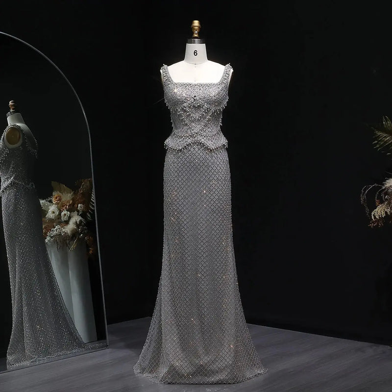 Luxury Gray Beaded Crystal Long Straight Evening Dress SS631 