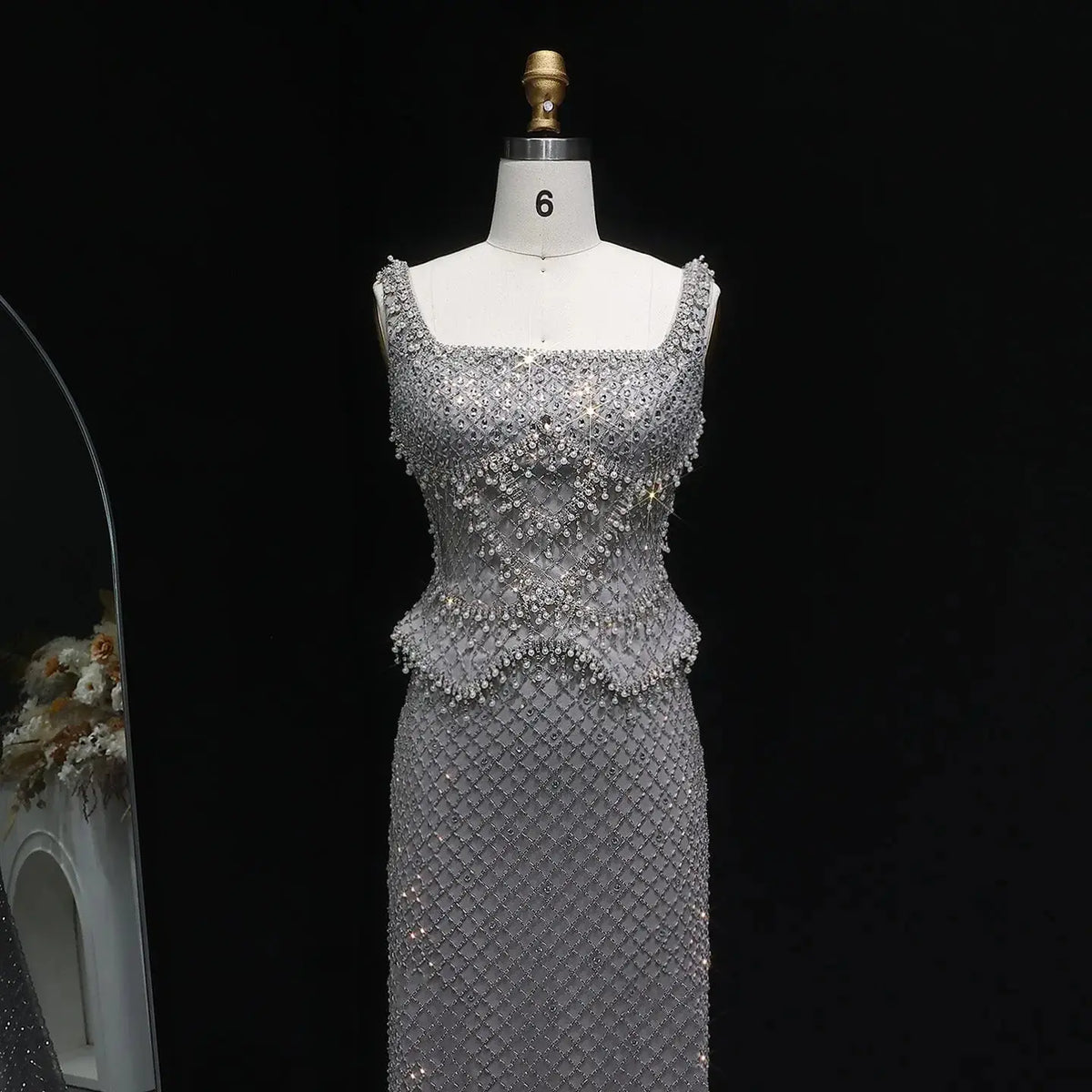 Luxury Gray Beaded Crystal Long Straight Evening Dress SS631 