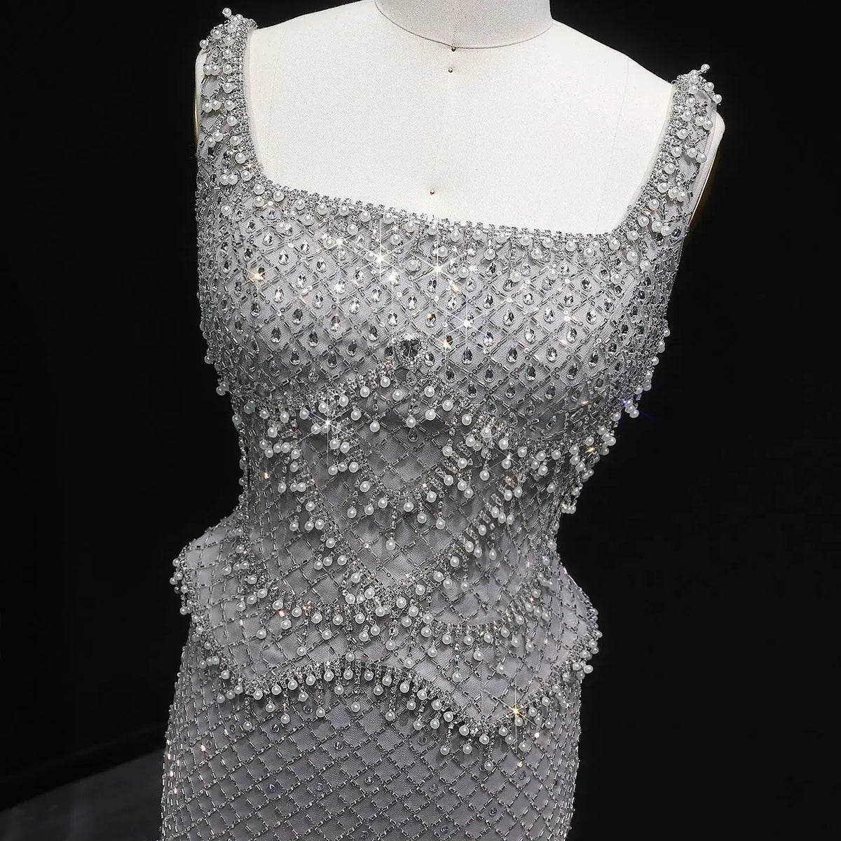 Luxury Gray Beaded Crystal Long Straight Evening Dress SS631 