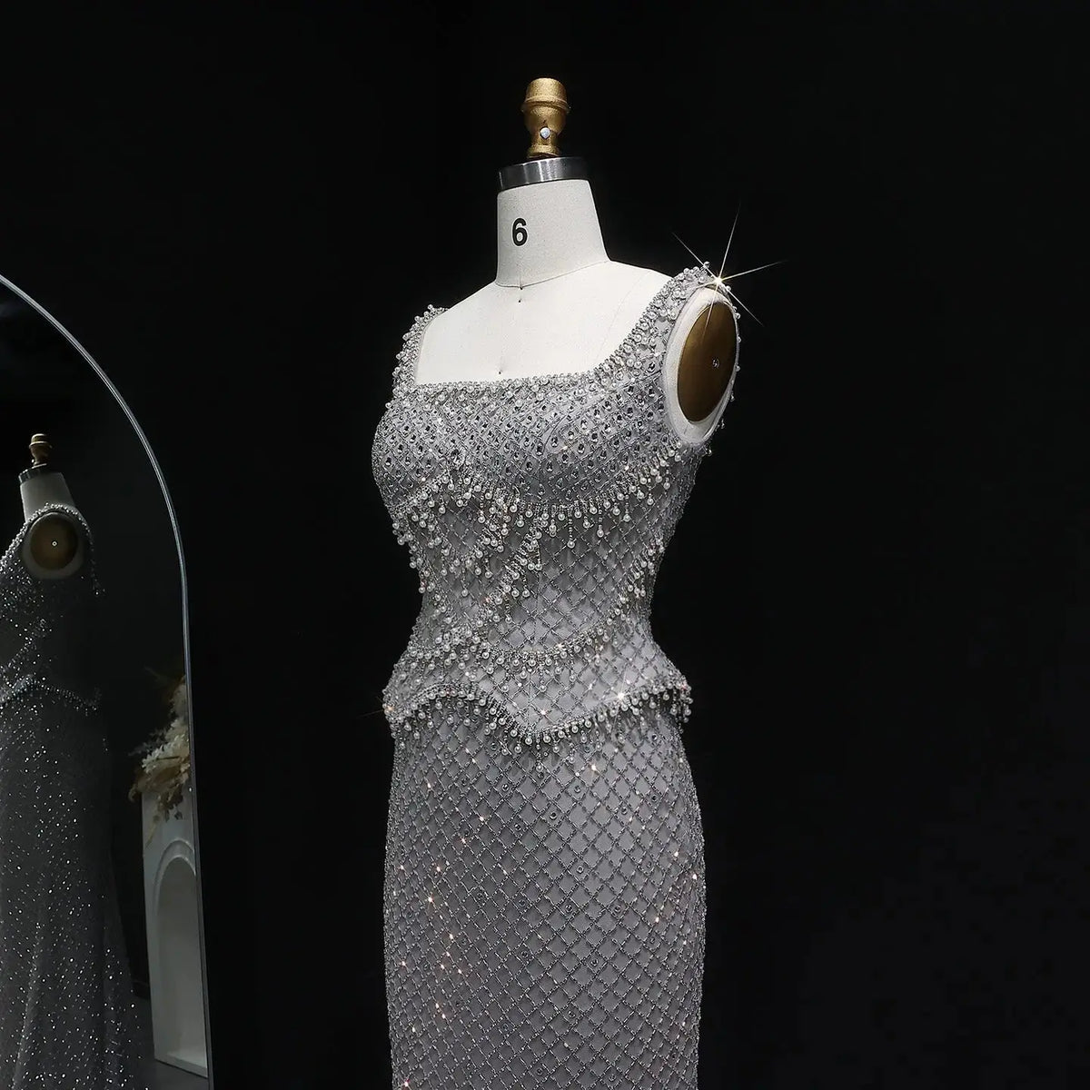Luxury Gray Beaded Crystal Long Straight Evening Dress SS631 
