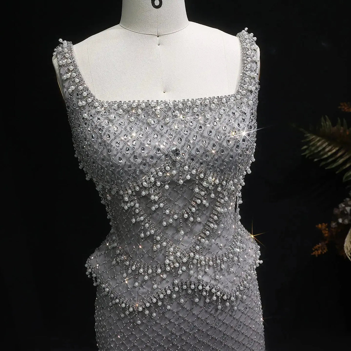 Luxury Gray Beaded Crystal Long Straight Evening Dress SS631 