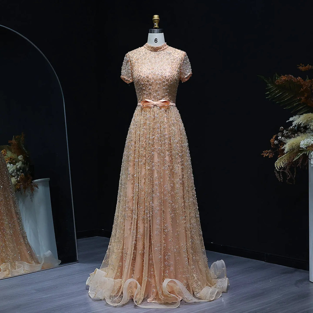 Luxury Peach Beaded Evening Dress with 3D Flowers SS304 Luxury Peach Beaded Evening Dress with 3D Flowers SS304