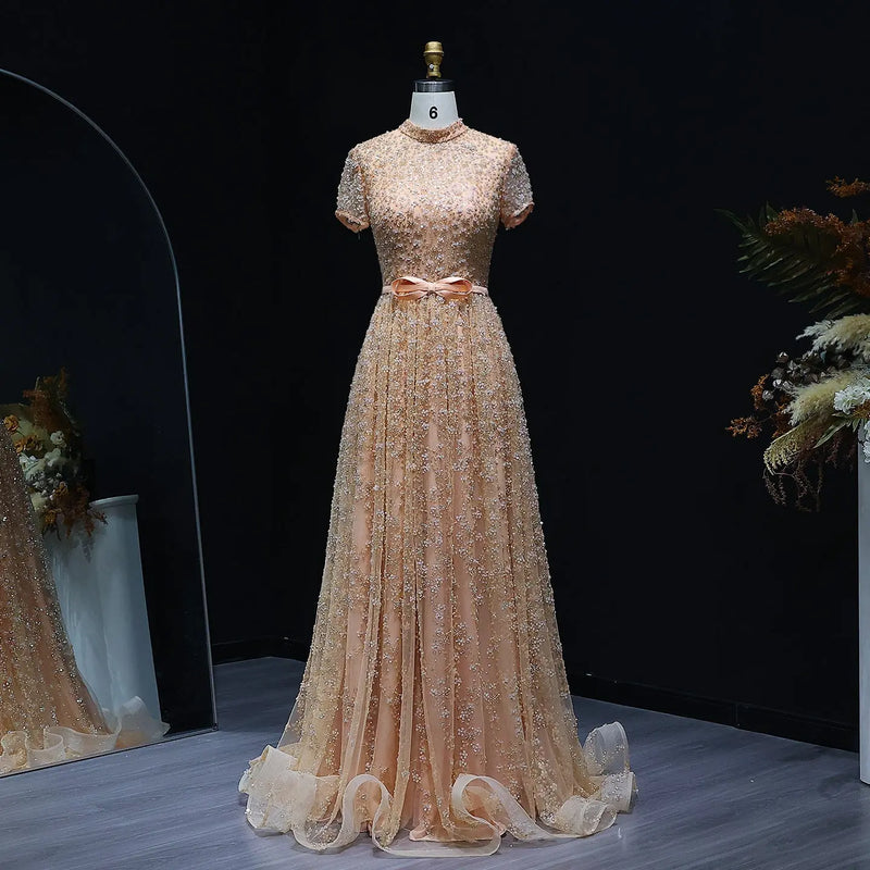 Luxury Peach Beaded Evening Dress with 3D flowers SS304 