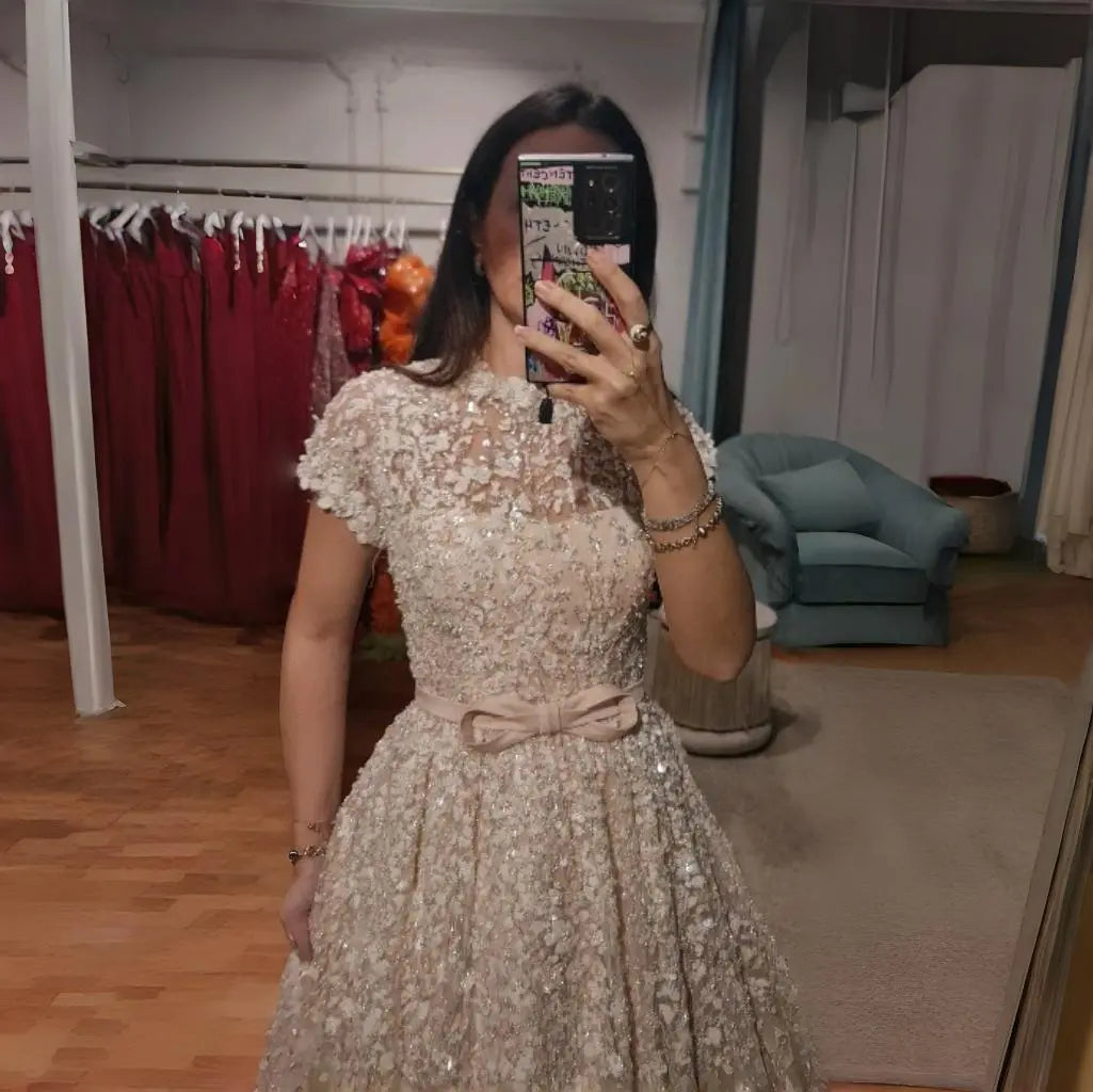 Luxury Peach Beaded Evening Dress with 3D flowers SS304 