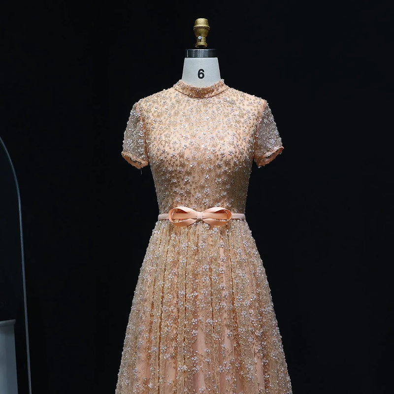 Luxury Peach Beaded Evening Dress with 3D flowers SS304 