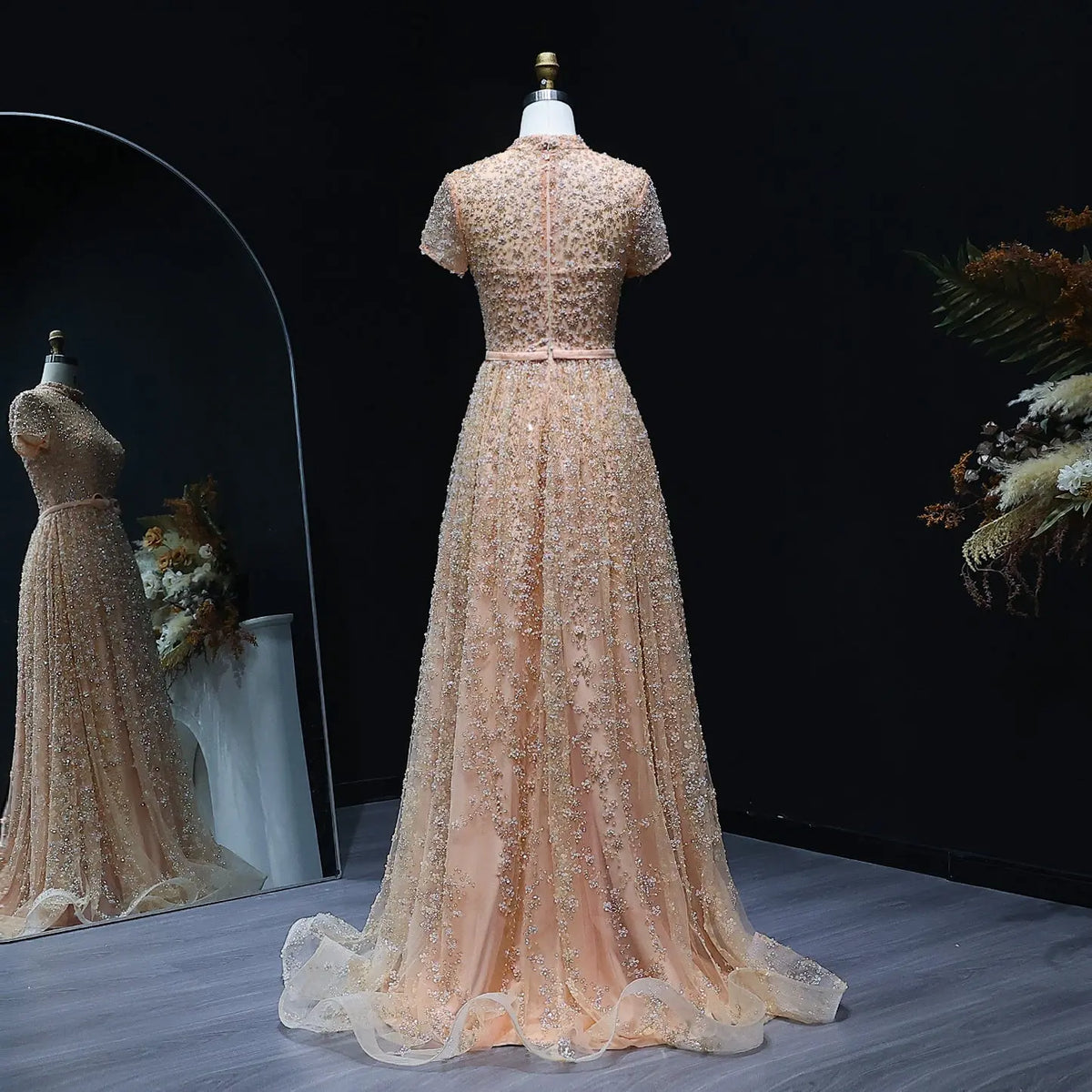 Luxury Peach Beaded Evening Dress with 3D flowers SS304 Luxury Peach Beaded Evening Dress with 3D flowers SS304