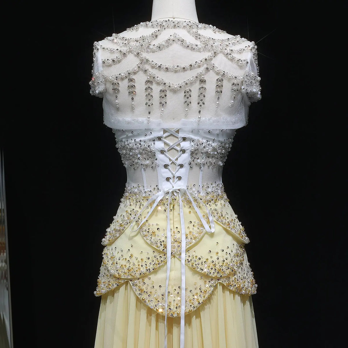 Luxury Pearls Tassel Blue and Yellow Evening Dress with Flowing SHARONSAID Luxury Pearls Tassel Blue and Yellow Evening Dress with Flowing SHARONSAID