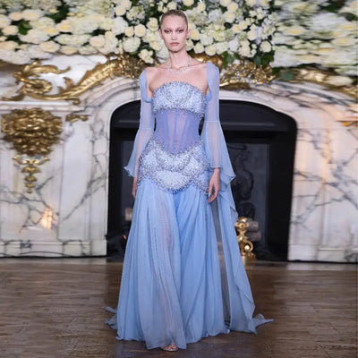 Luxury Pearls Tassel Blue and Yellow Evening Dress with Flowing Sleeves SS286 