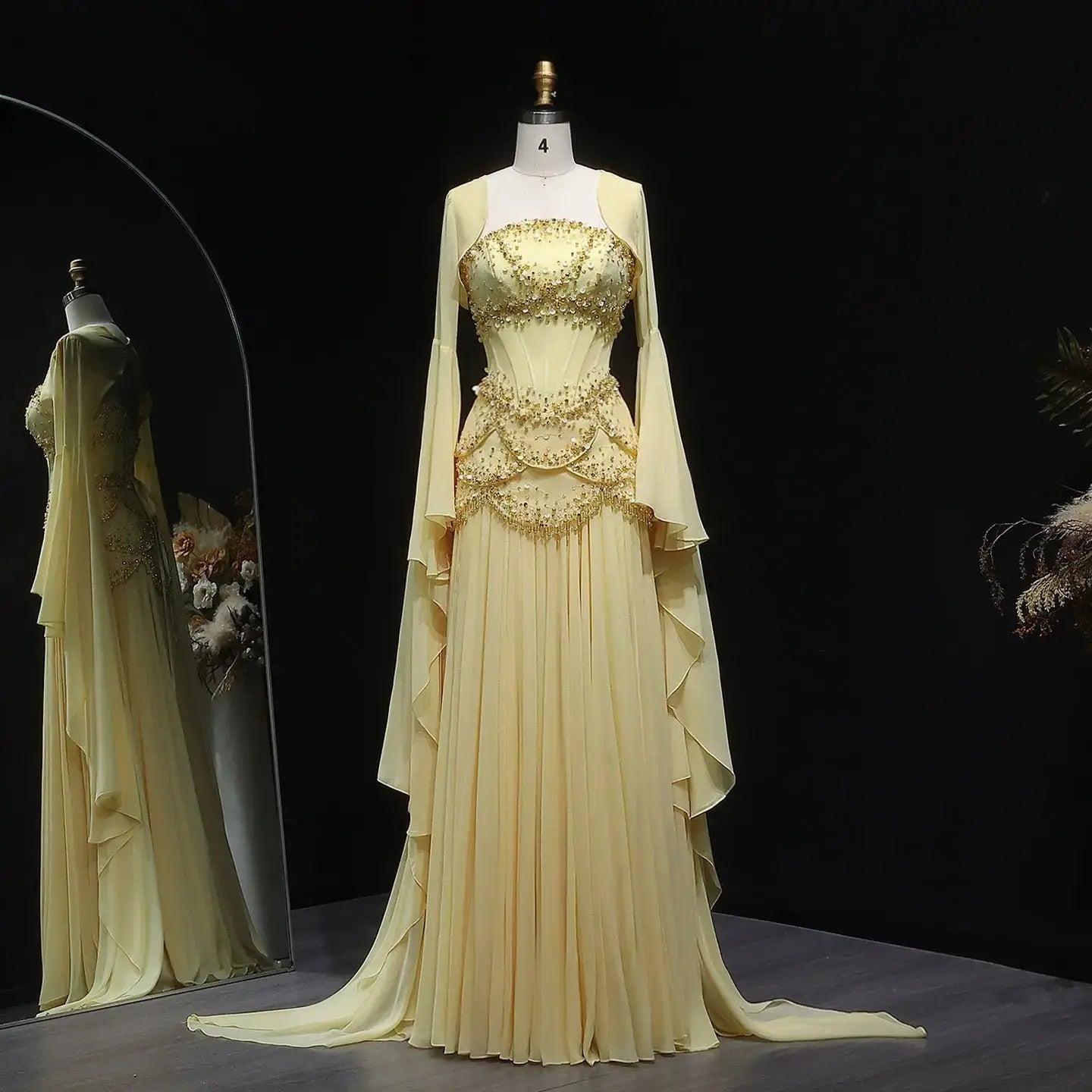 Luxury Pearls Tassel Blue and Yellow Evening Dress with Flowing