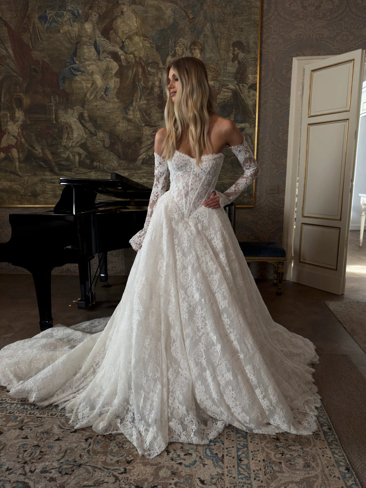 Elegant White Off-the-Shoulder Long Sleeve Lace Corset Wedding Dress SW213