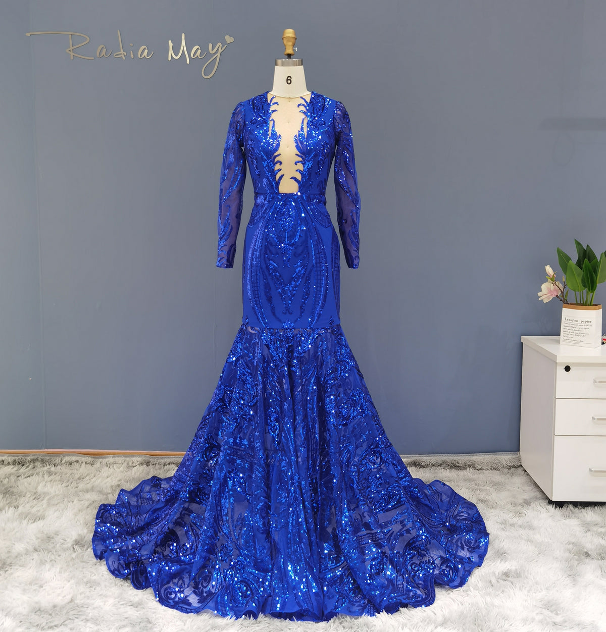 Sharon Said Luxury Sequin Mermaid White Girls Blue Red Champagne Prom Dresses Long Sleeves Graduation Party Dress RM147