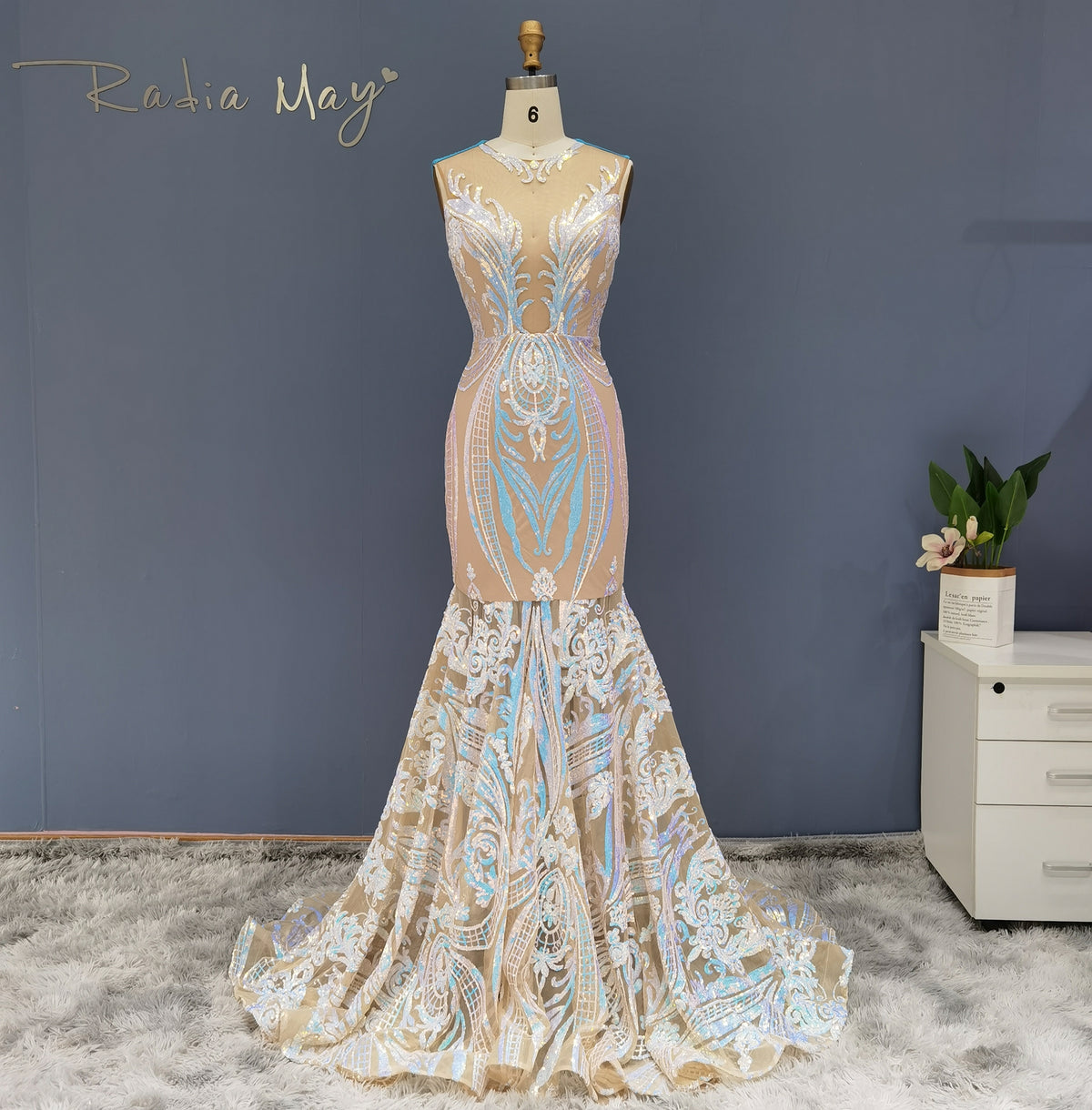 Sharon Said Luxury Sequin Mermaid White Girls Prom Dresses O-Neck Graduation Party Dress RM150