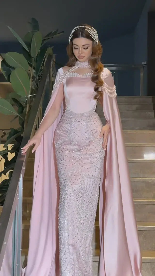 Luxury Pink Beaded Evening Dress with Cape Sleeves SS662