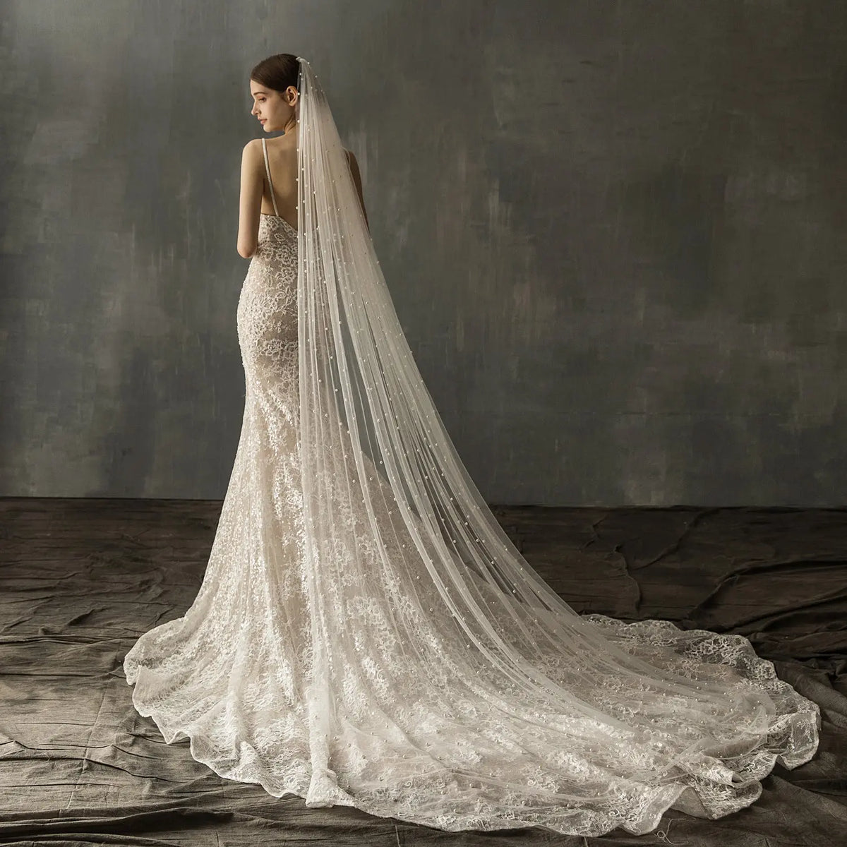Minimalist Scattered Pearl Bridal Veil Long Soft Tulle Cathedral Wedding Veil Cut Edge BV002