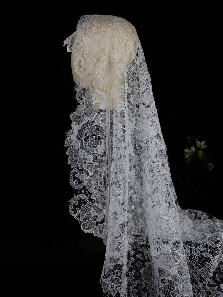 Vintage Floral Lace Mantilla Bridal Veil Long 70.86inch Cathedral Length Scalloped Edge Wedding Veil for Bride BV004-8