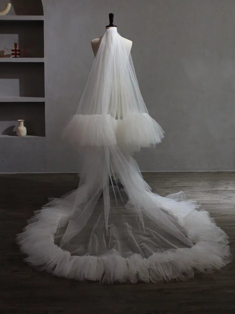 Dramatic Tiered Ruffle Bridal Veil 86.61inch Cathedral Length Layered Tulle Flounce Wedding Veil for Bride BV005-3
