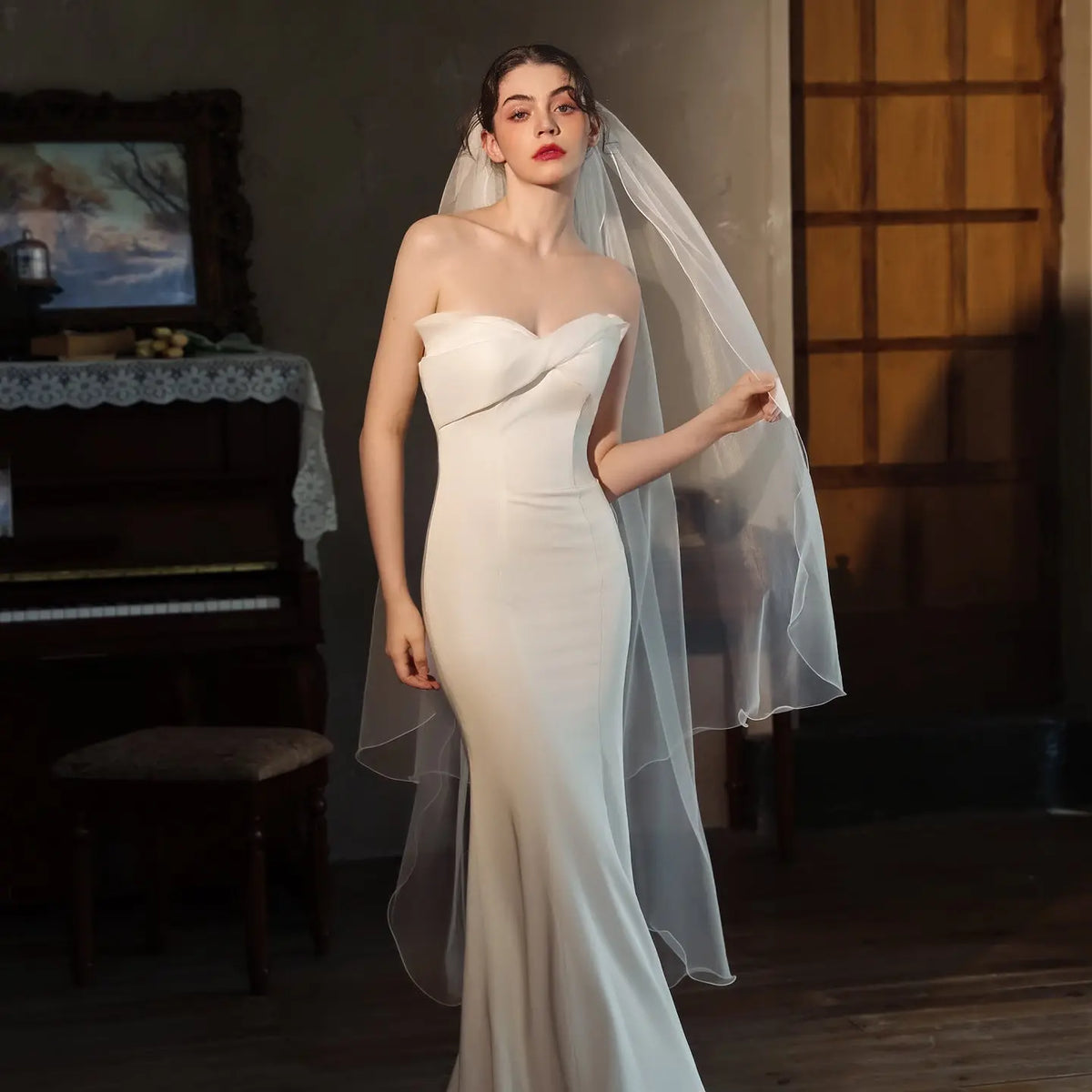 Modern Pencil Edge Bridal Veil Two Tier Soft Tulle 59.05inch Layered Wave Edge Wedding Veil BV006