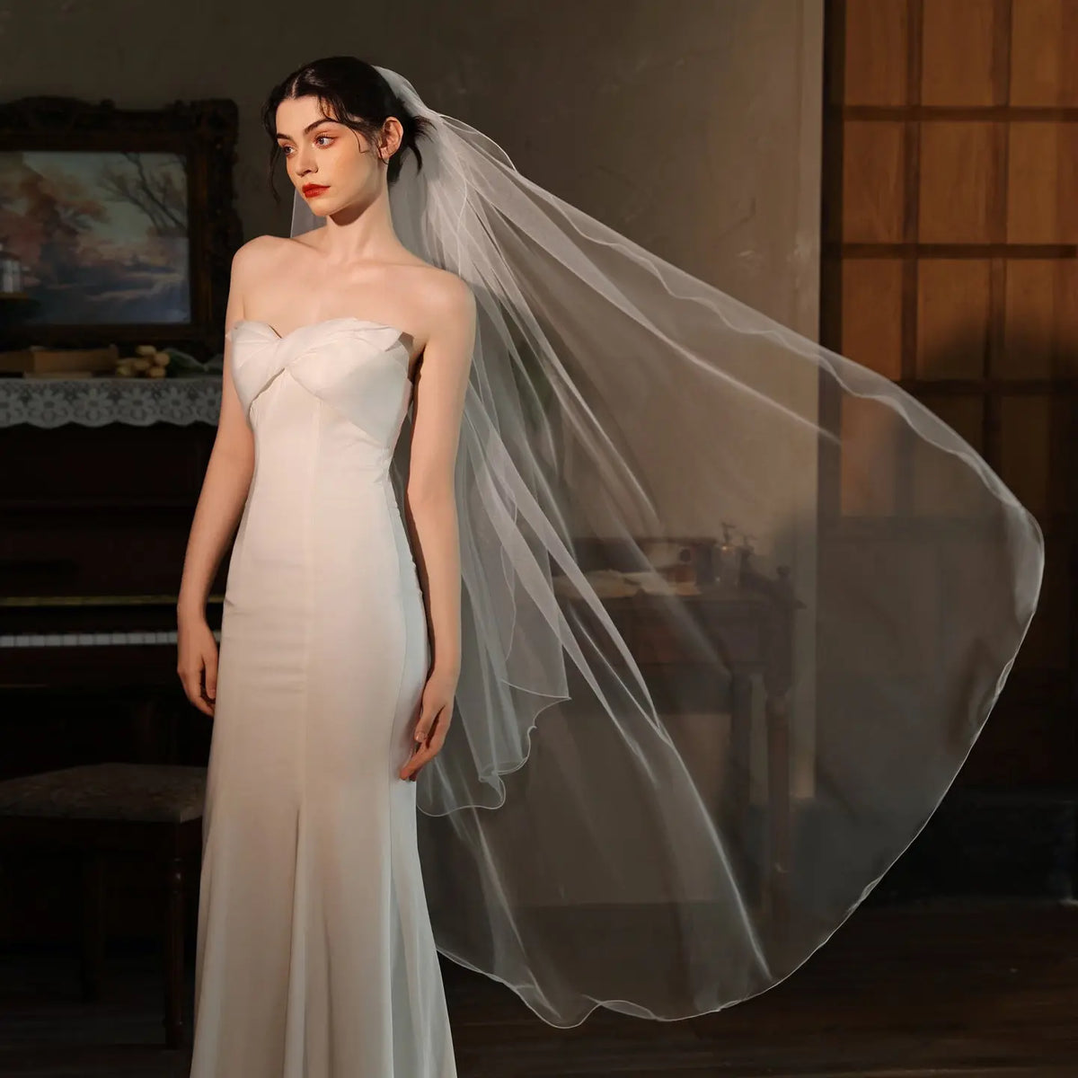Modern Pencil Edge Bridal Veil Two Tier Soft Tulle Layered Wave Edge Wedding Veil BV006