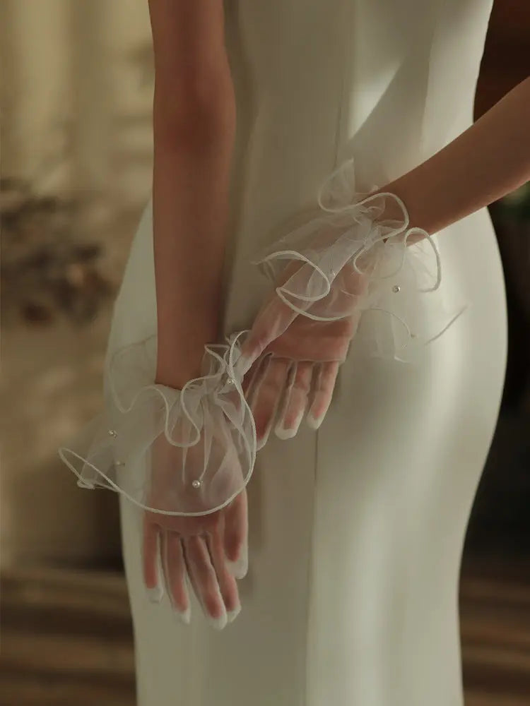 Romantic Flounce Cuff Pearl Beaded Bride Gloves White Organza Tulle Short Party Accessories GL010