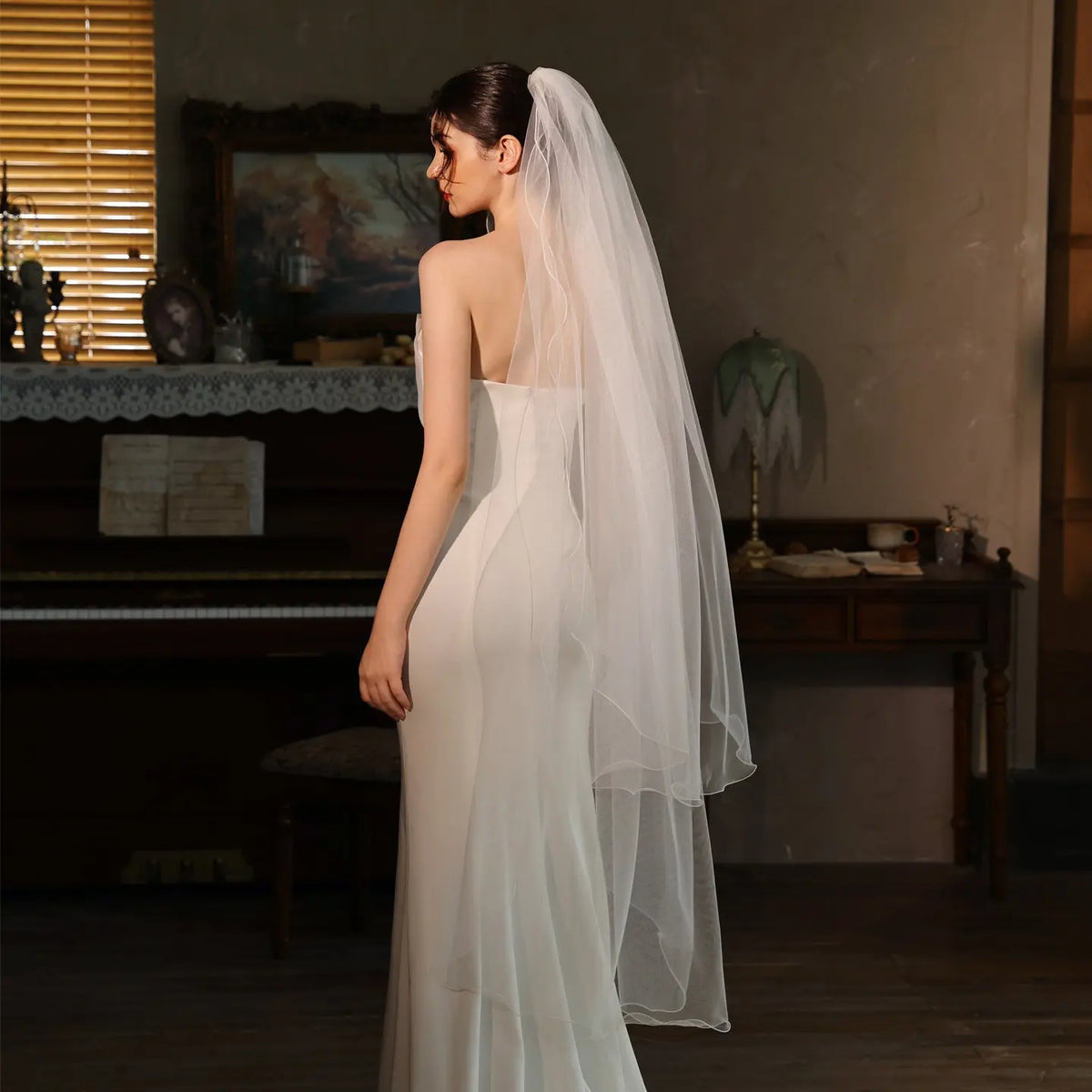 Modern Pencil Edge Bridal Veil Two Tier Soft Tulle 59.05inch Layered Wave Edge Wedding Veil BV006-3