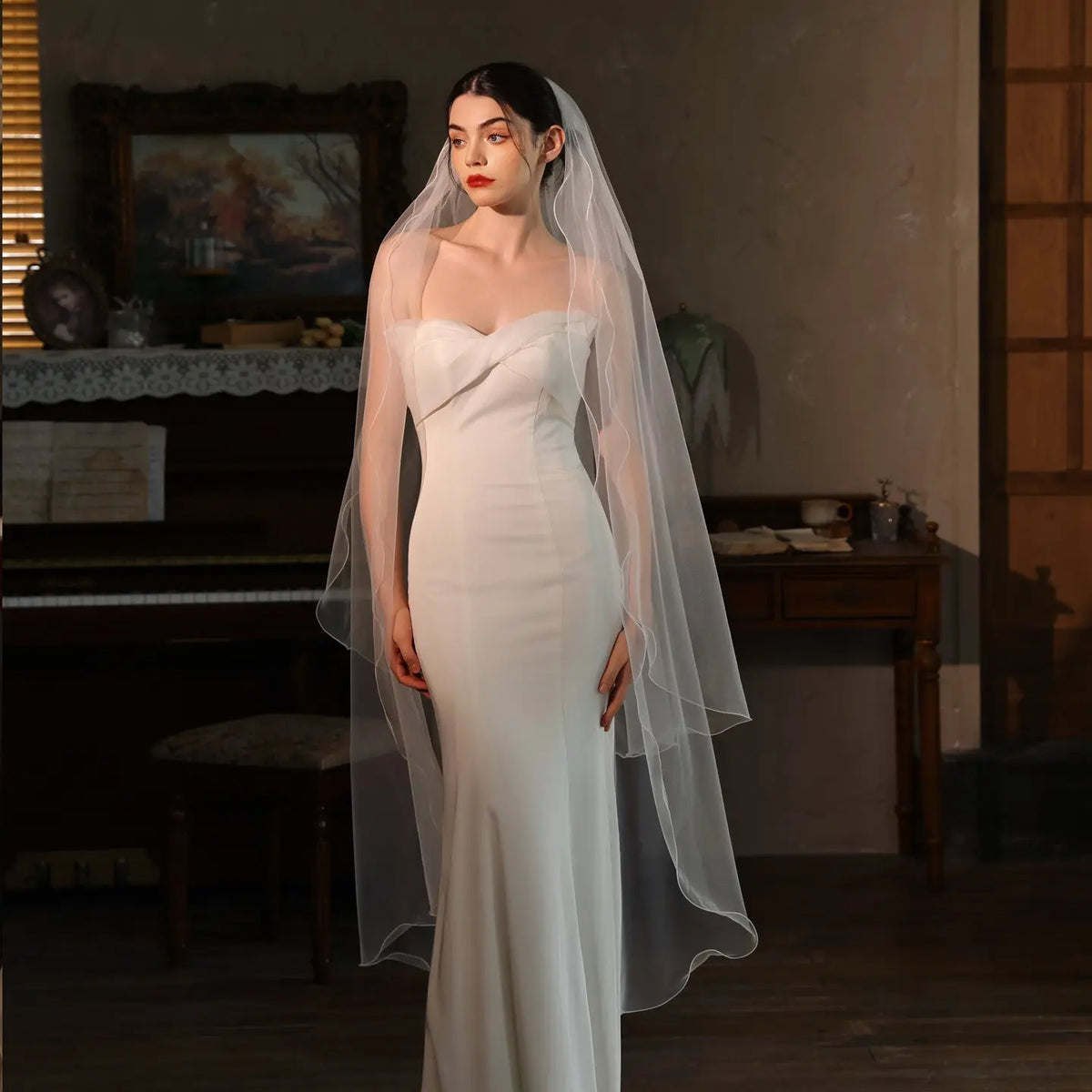 Modern Pencil Edge Bridal Veil Two Tier Soft Tulle 59.05inch Layered Wave Edge Wedding Veil BV006-4