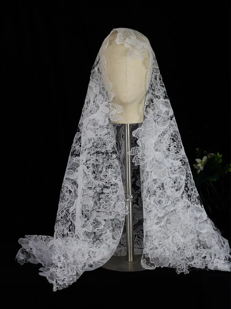 Vintage Floral Lace Mantilla Bridal Veil Long 70.86inch Cathedral Length Scalloped Edge Wedding Veil for Bride BV004-6