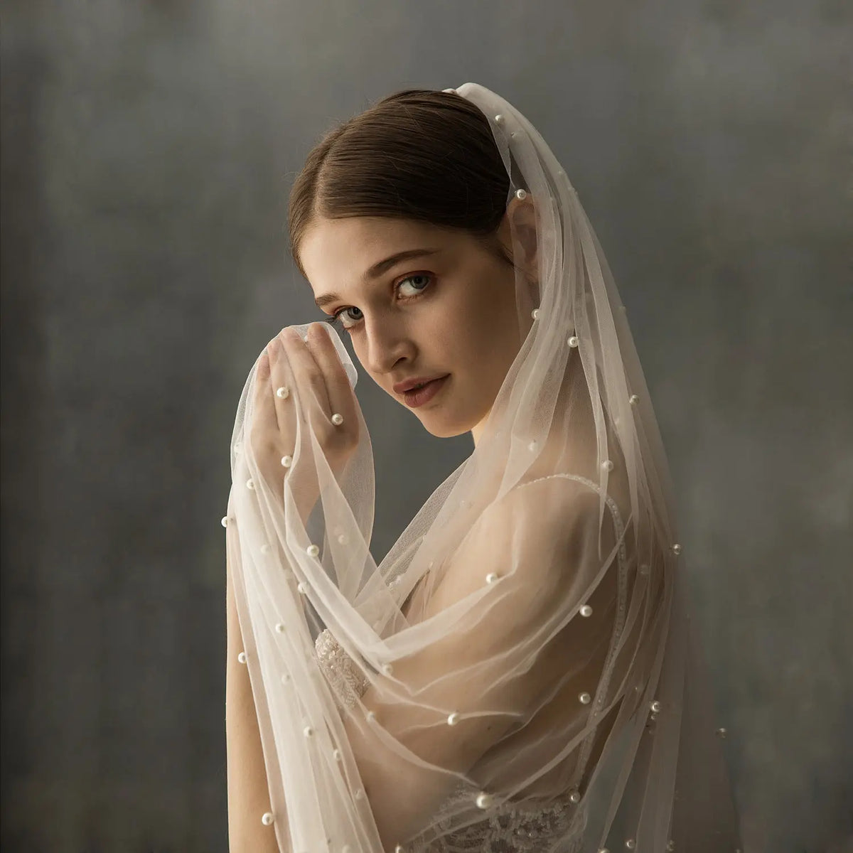 Minimalist Scattered Pearl Bridal Veil Long Soft Tulle 90.55inch Cathedral Wedding Veil Cut Edge BV002-4