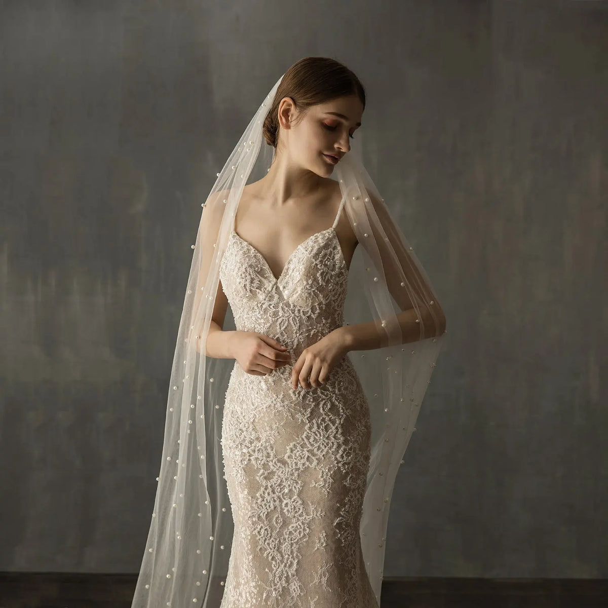 Minimalist Scattered Pearl Bridal Veil Long Soft Tulle 90.55inch Cathedral Wedding Veil Cut Edge BV002-3