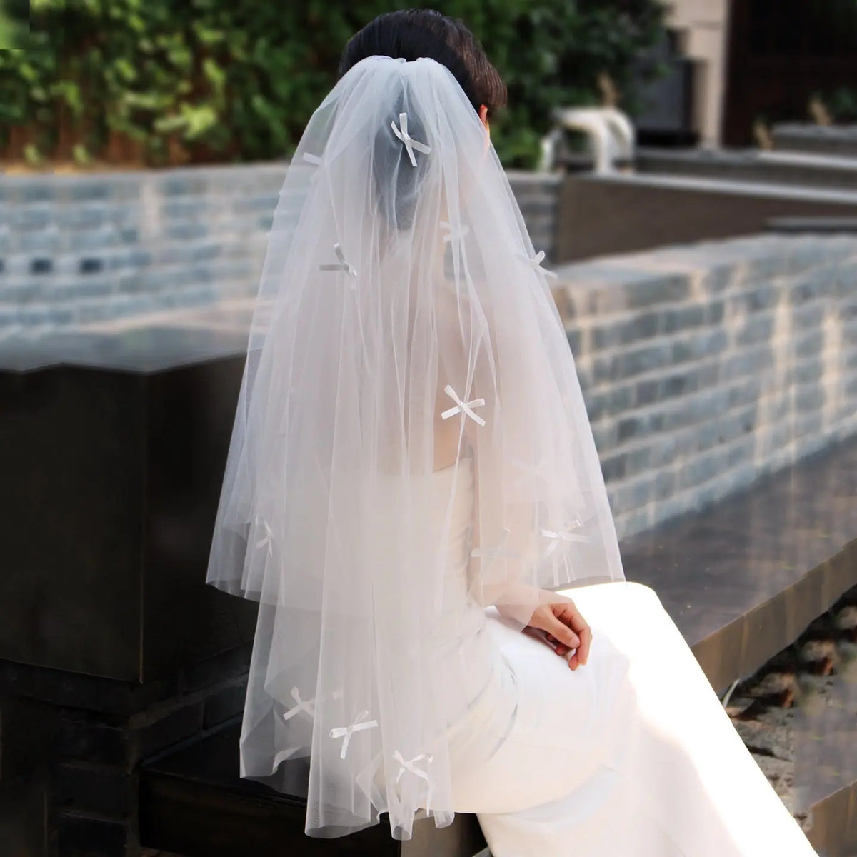 Elegant Satin Bowknot Bridal Veil Double Layer Cut Edge Tulle 90.55inch Length Wedding Veil BV003