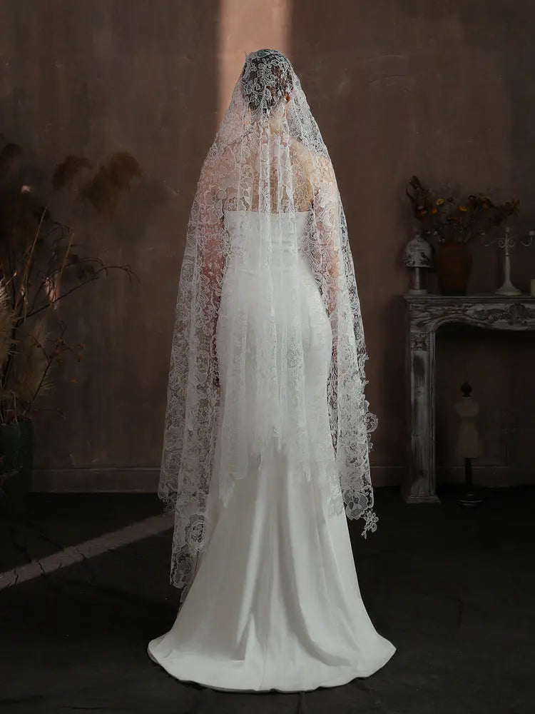 Vintage Floral Lace Mantilla Bridal Veil Long 70.86inch Cathedral Length Scalloped Edge Wedding Veil for Bride BV004-5