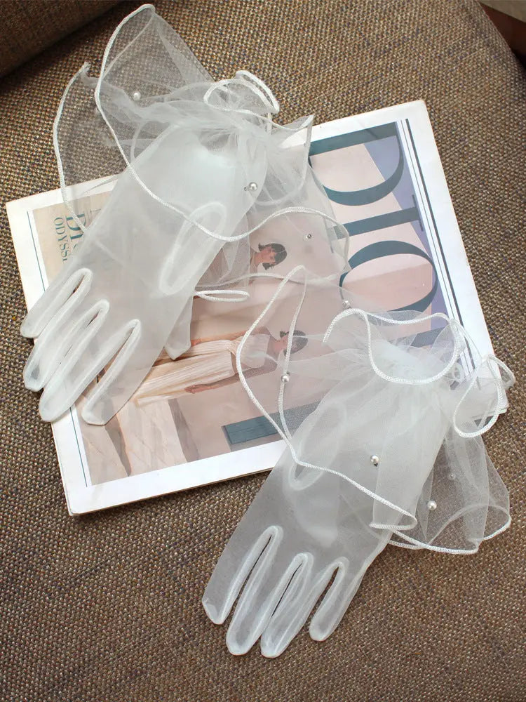 Romantic Flounce Cuff Pearl Beaded Bride Gloves White Organza Tulle Short Party Accessories GL010-7