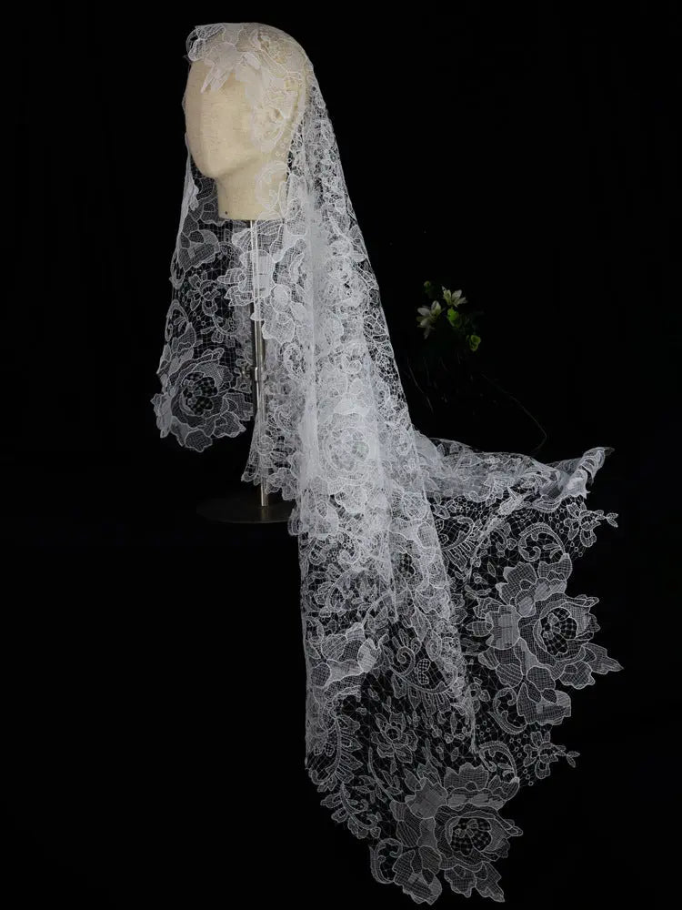 Vintage Floral Lace Mantilla Bridal Veil Long 70.86inch Cathedral Length Scalloped Edge Wedding Veil for Bride BV004-7