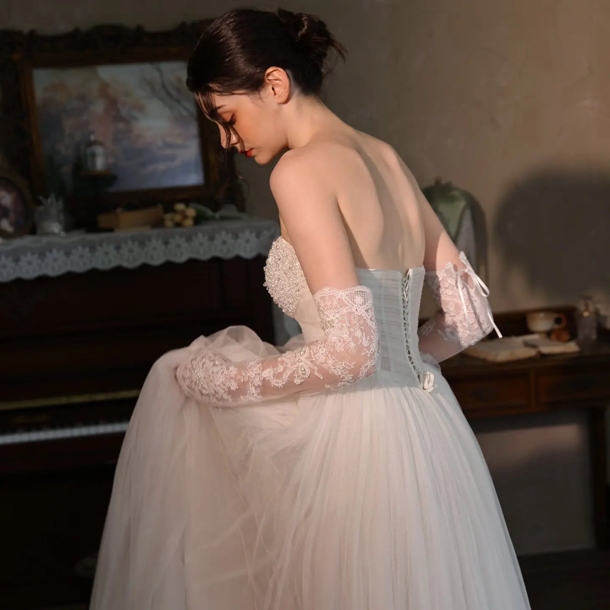 Elegant Ivory Lace Beaded Pearl Fingerless Long Bridal Gloves for Wedding Party GL005-3
