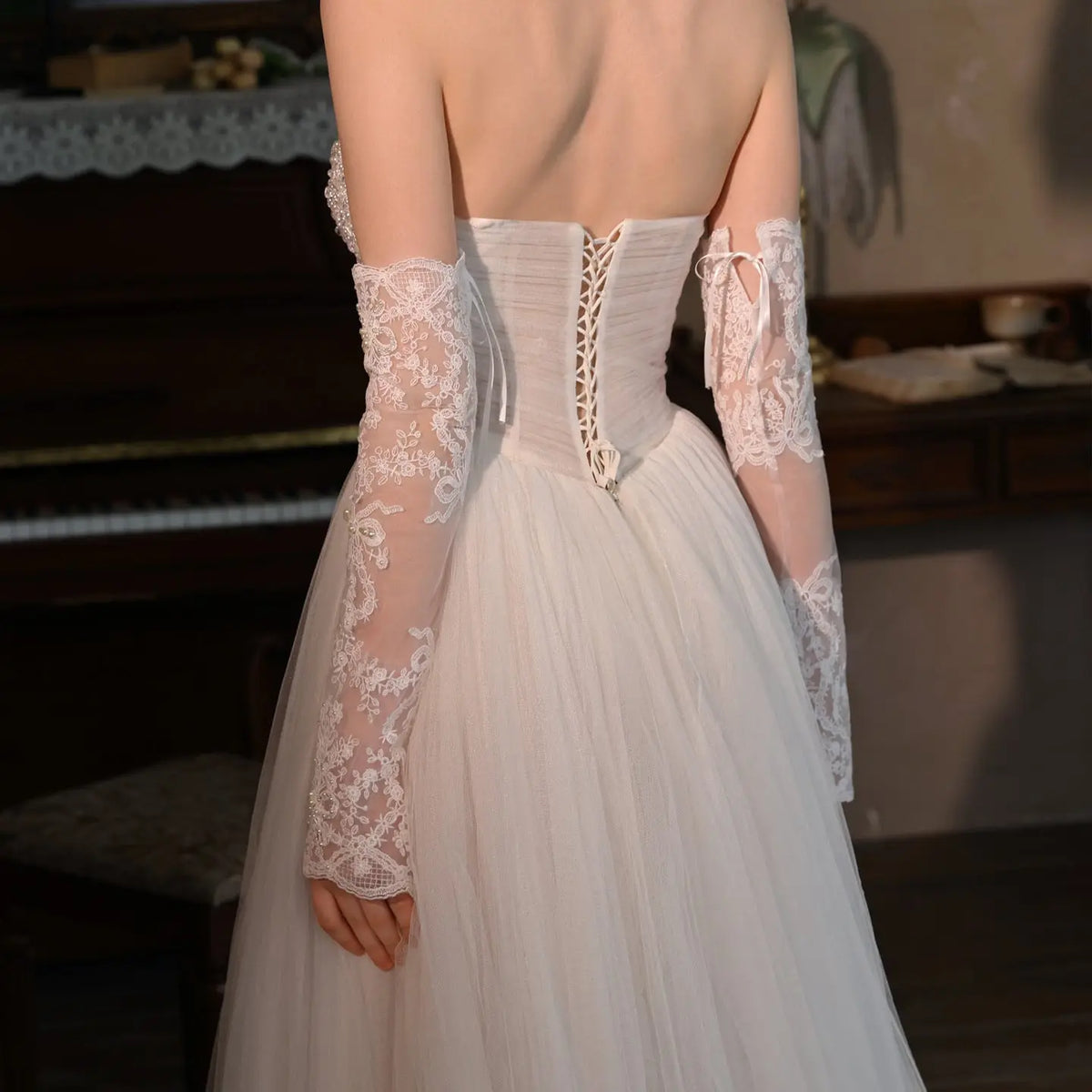 Elegant Ivory Lace Beaded Pearl Fingerless Long Bridal Gloves for Wedding Party GL005-4