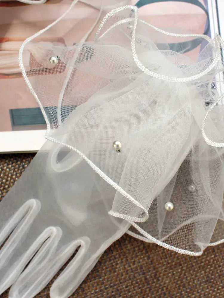 Romantic Flounce Cuff Pearl Beaded Bride Gloves White Organza Tulle Short Party Accessories GL010-4