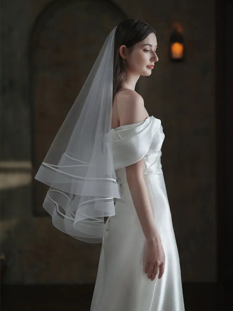 Modern White Satin Ribbon Trim Cascade Tiered Bridal Veil BV008