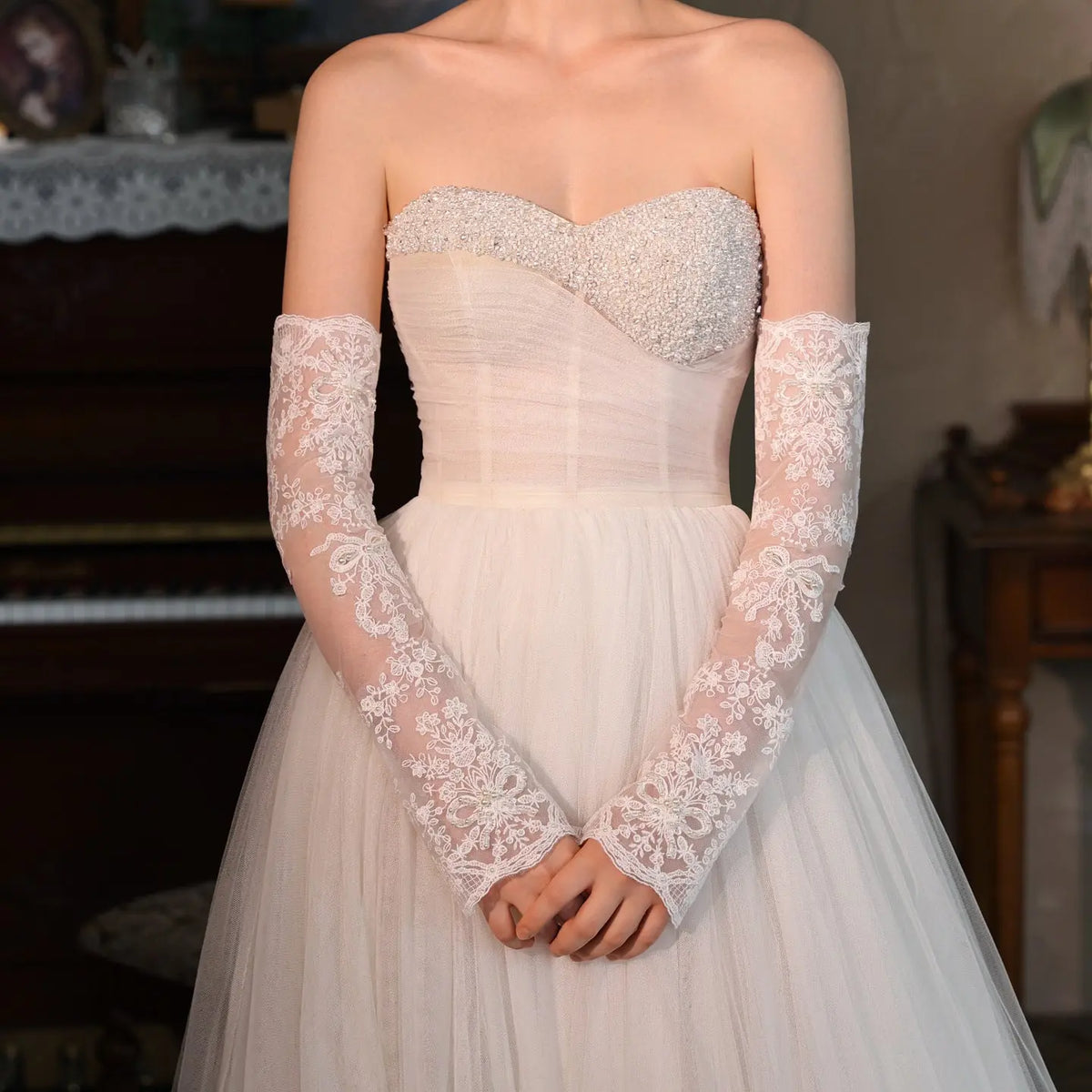 Elegant Ivory Lace Beaded Pearl Fingerless Long Bridal Gloves for Wedding Party GL005-5