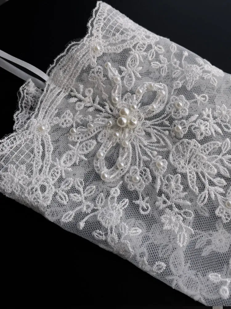 Elegant Ivory Lace Beaded Pearl Fingerless Long Bridal Gloves for Wedding Party GL005-7