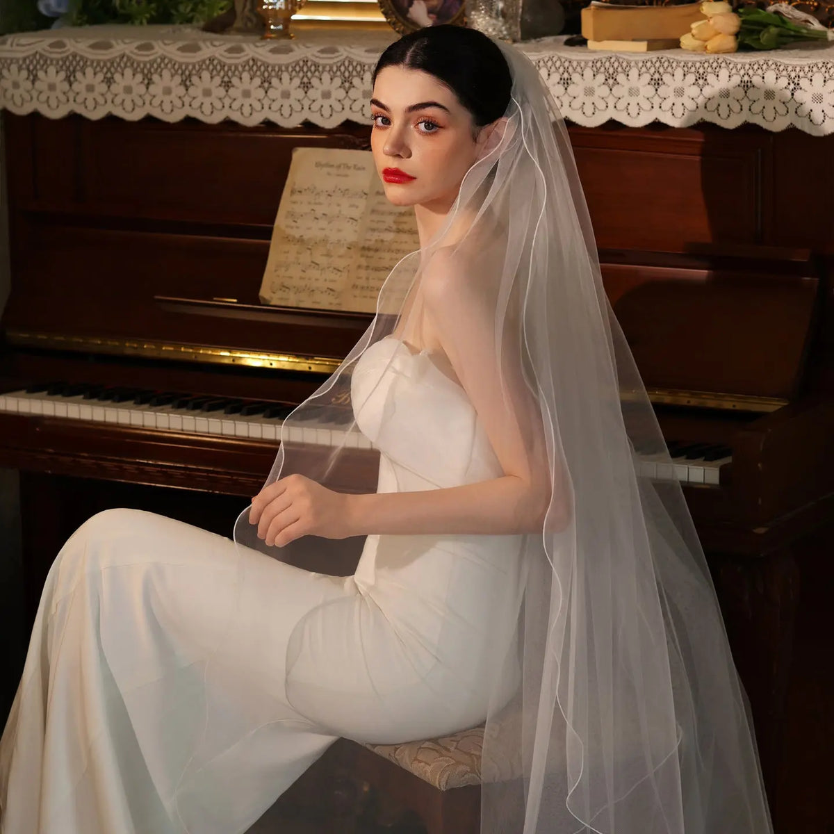 Modern Pencil Edge Bridal Veil Two Tier Soft Tulle 59.05inch Layered Wave Edge Wedding Veil BV006-5