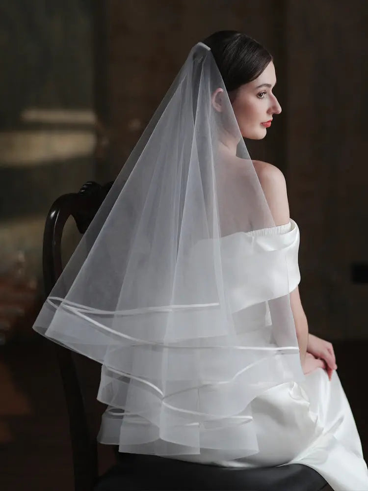 Modern White Satin Ribbon Trim Cascade Tiered Bridal Veil BV008