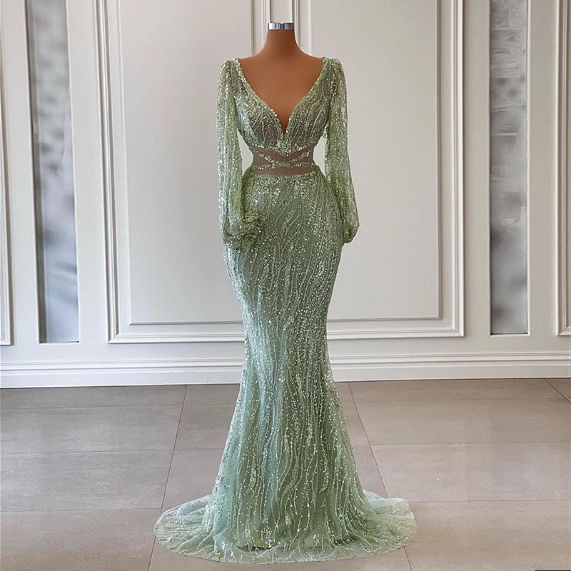 Luxury Beaded Long Sleeves Sage Green Prom Dress RM033